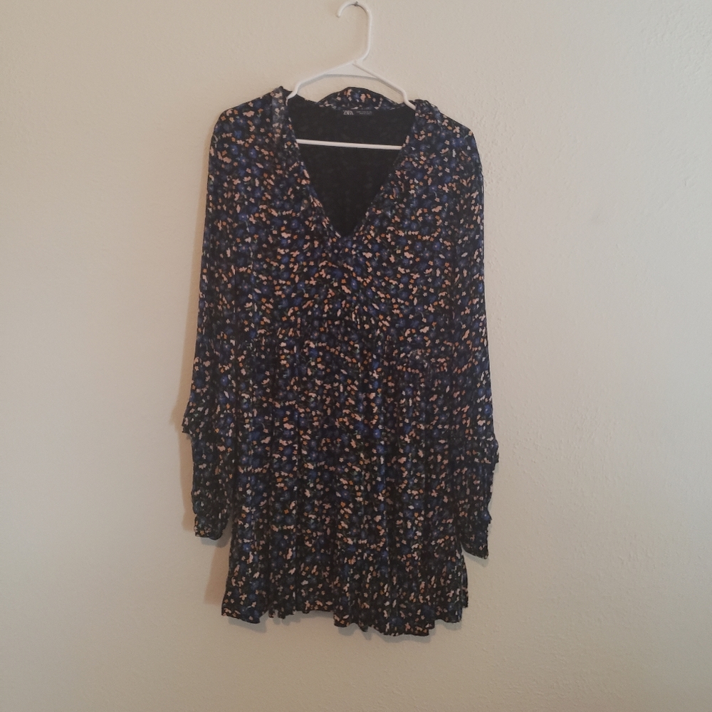 Zara flower black, blue, yellow print dress